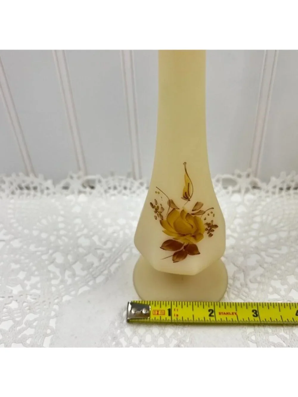 Fenton Custard Glass Satin Pedestal Swung Bud Vase Hand Painted Artist Signed
